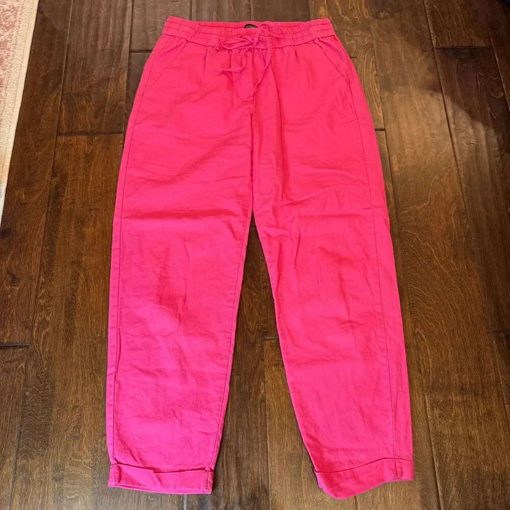J. Crew Hot Pink 100% Linen Drawstring Pants size 4 Lightweight Bright Casual